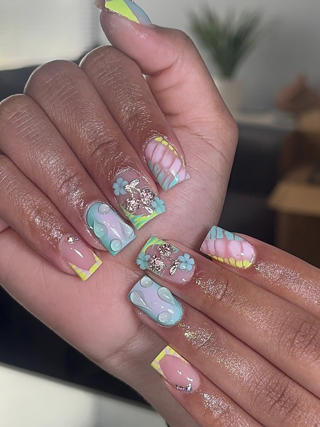 Whimsical Pastel Swirls Adorned With Charms Square Nails