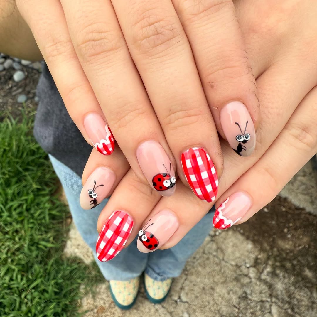 Whimsical Picnic Gingham Ladybug Ant Manicure