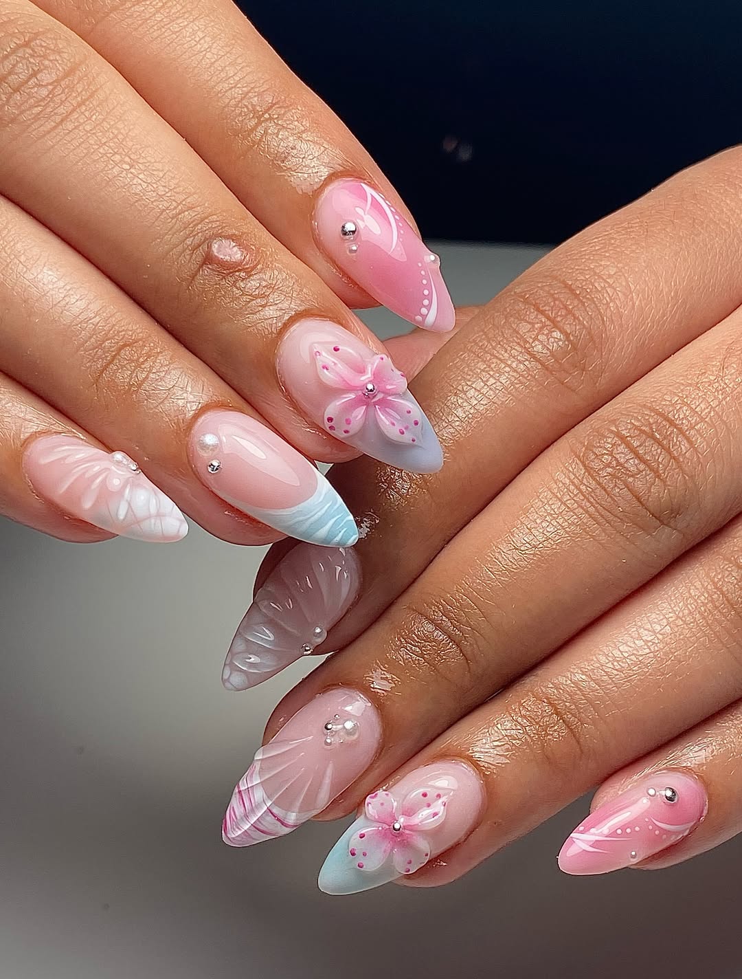 Whimsical Pink and Blue Floral Seashell Stiletto Nails
