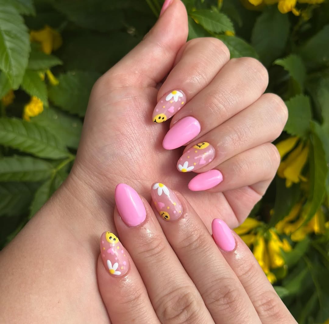 Whimsical Pink Daisies and Smileys Almond Nails