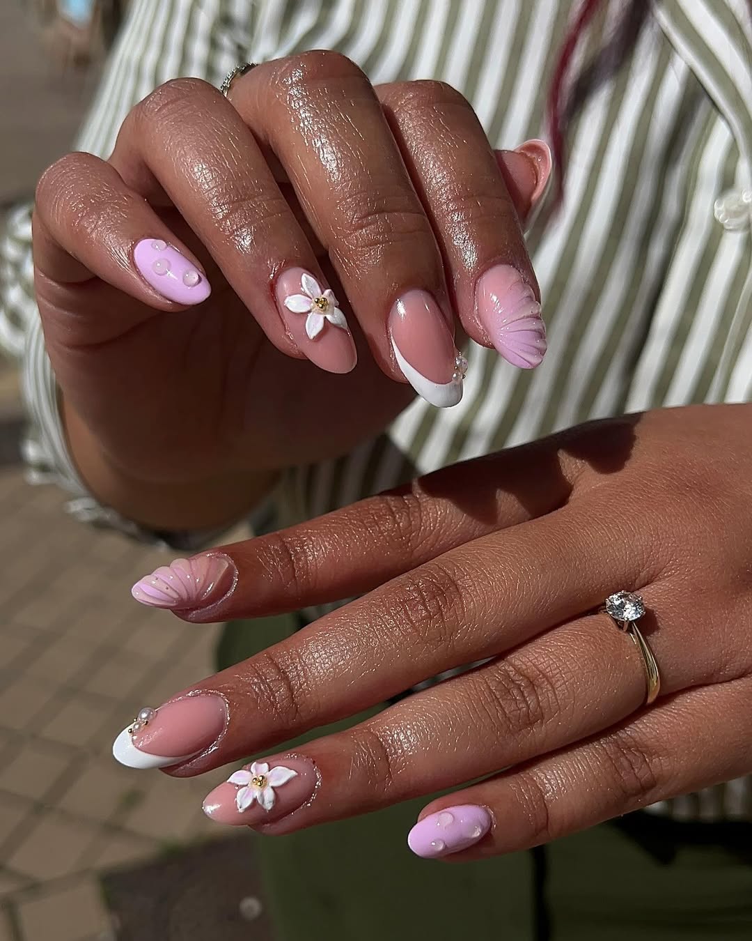 Whimsical Pink French Tips with 3D Flower Accents