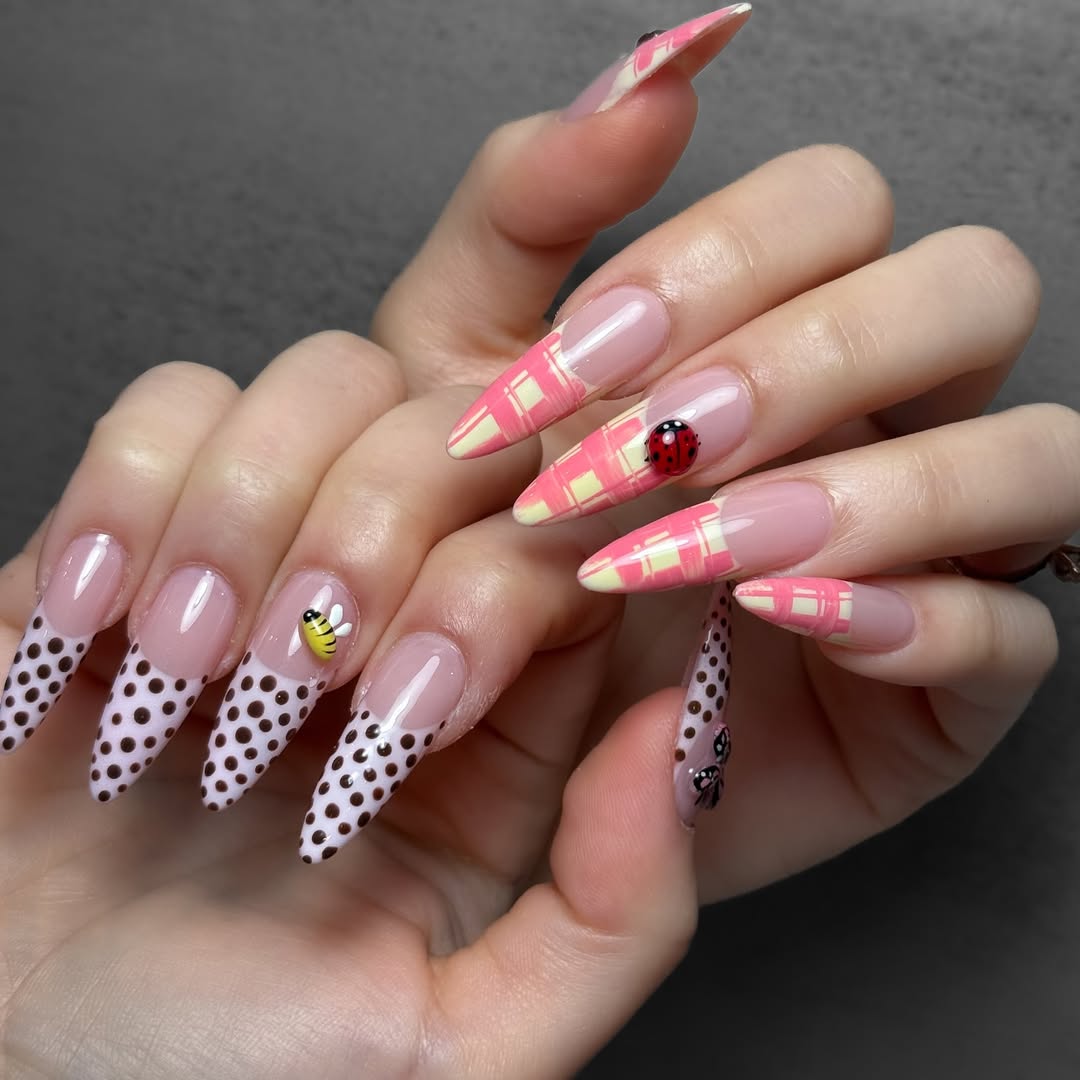 Whimsical Pink Gingham and Polka Dot Stiletto Nails