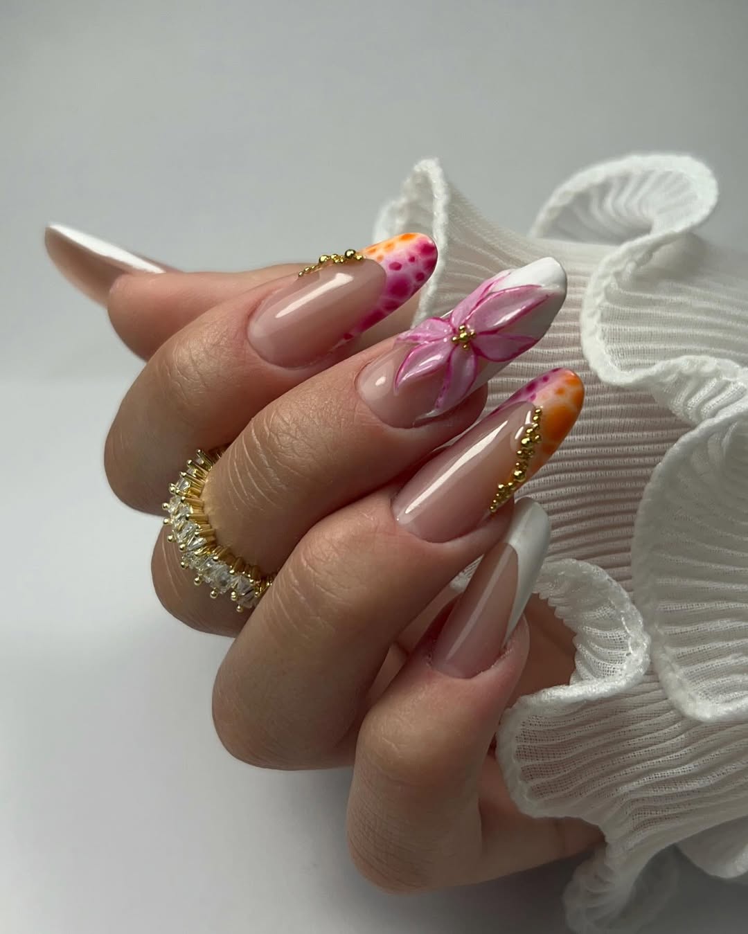 Whimsical Pink Orange French Tips with 3D Flower