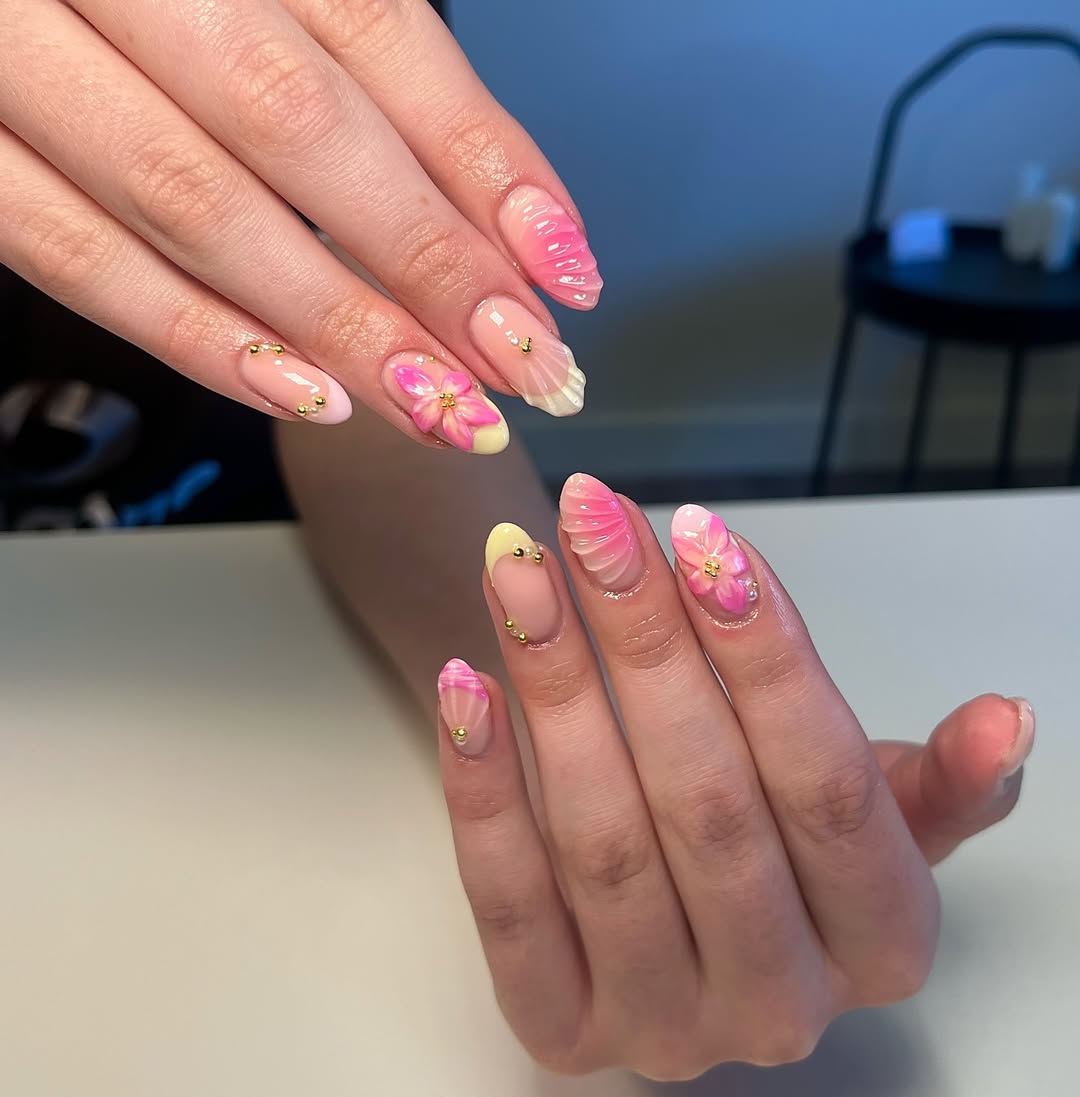 Whimsical Pink Shell and Flower Almond Nails