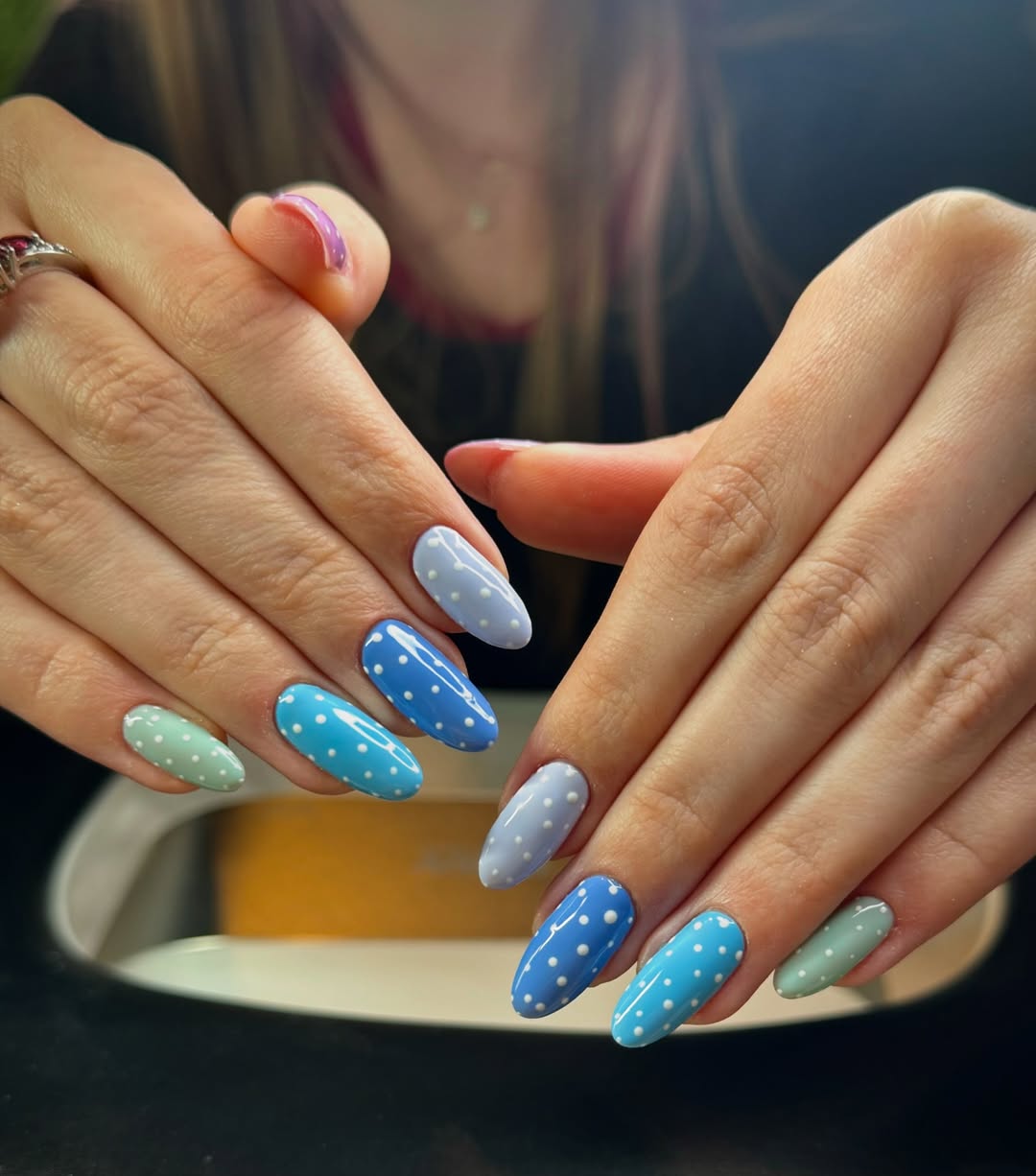 Whimsical Polka Dot Summer Blue and Green Nails