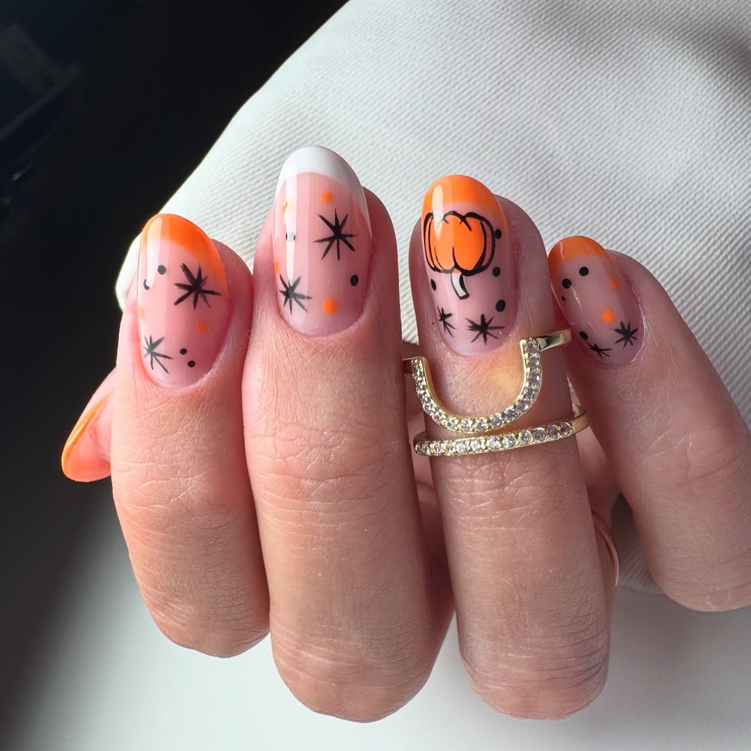 Whimsical Pumpkin Spice French Manicure with Stars