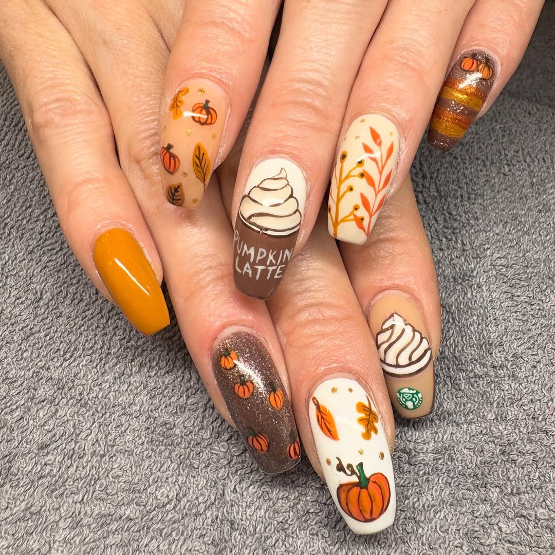 Whimsical Pumpkin Spice Latte Fall Art Coffin Nails