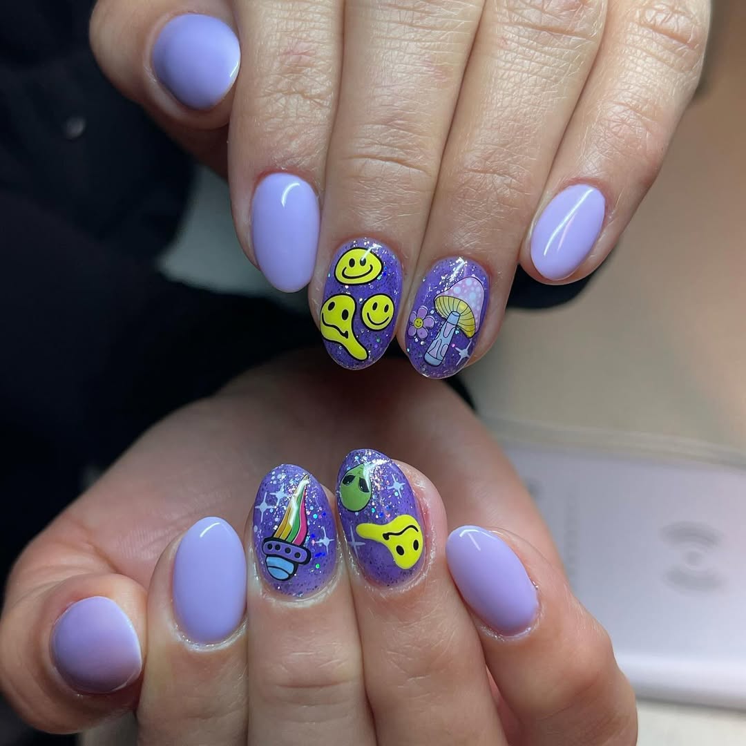 Whimsical Purple Alien Smiley Face Nails