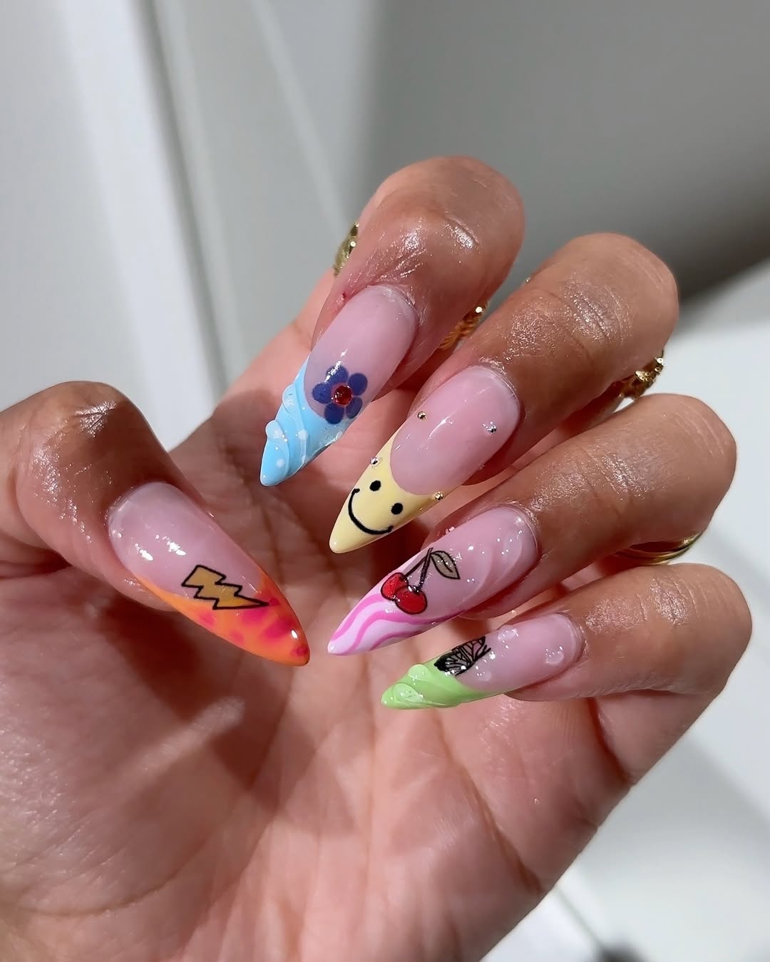 Whimsical Rainbow Mismatched French Tips with 3D Art
