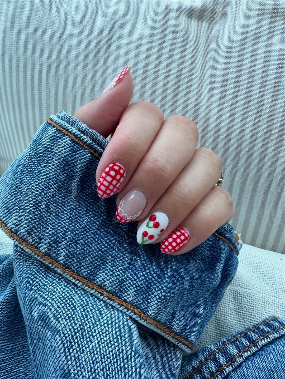 Whimsical Red Gingham and Cherry Almond Nails