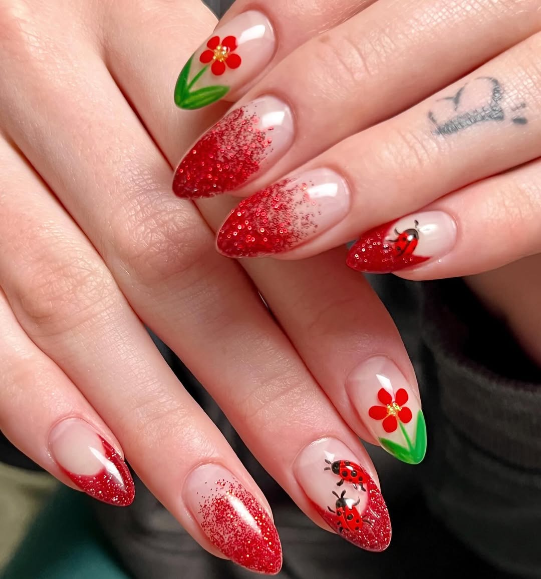 Whimsical Red Glitter Ladybug and Flower Almond Nails