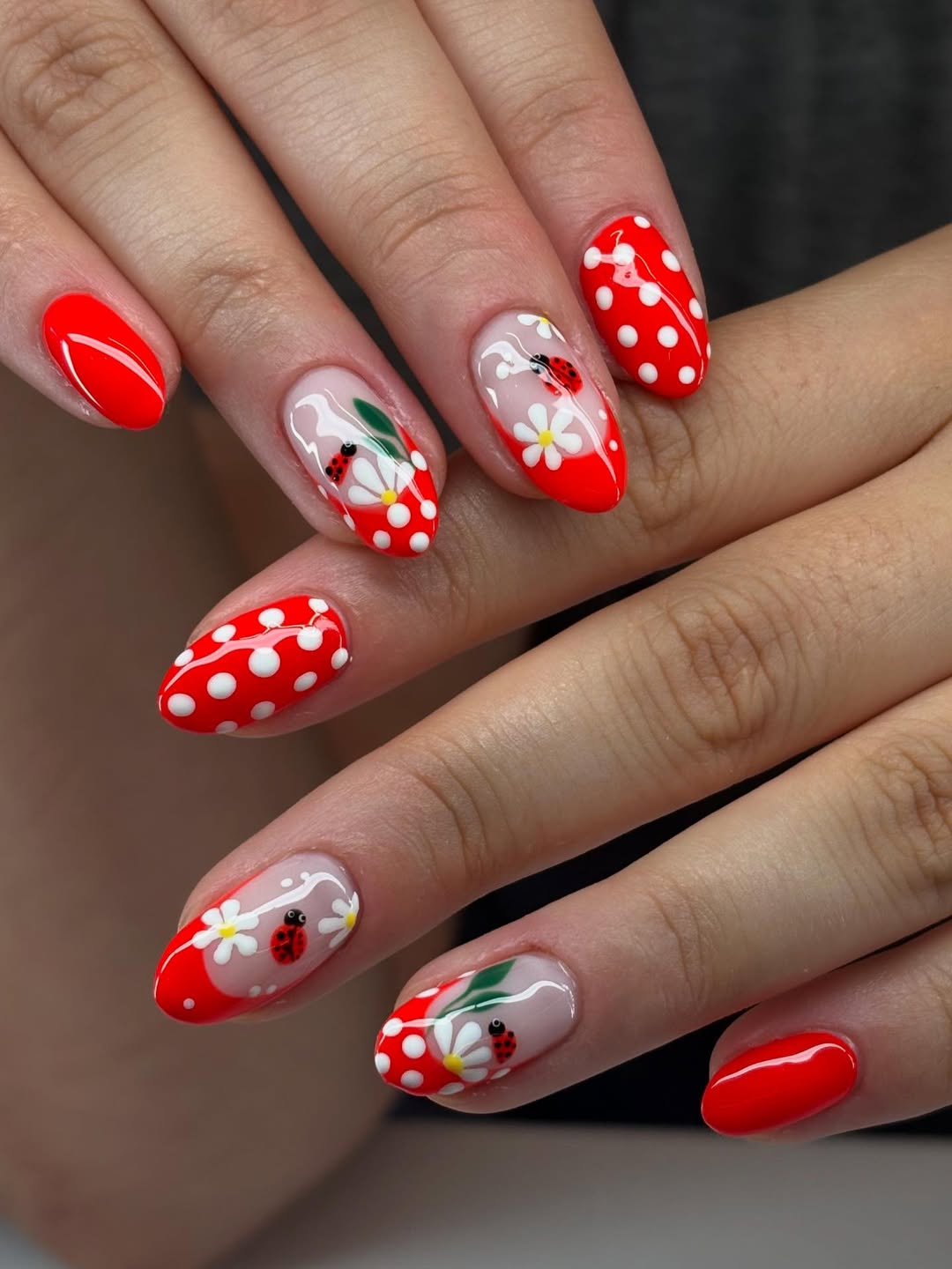 Whimsical Red Polka Dot Ladybug Floral Oval Nails