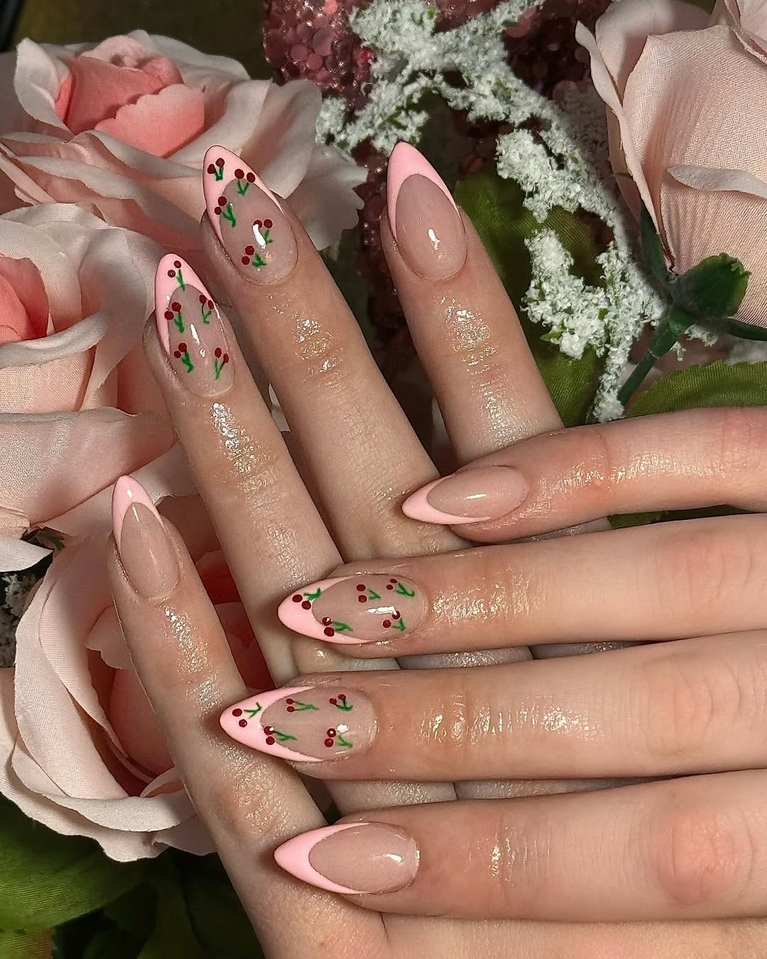 Whimsical Summer Cherry Pink Almond French Nails