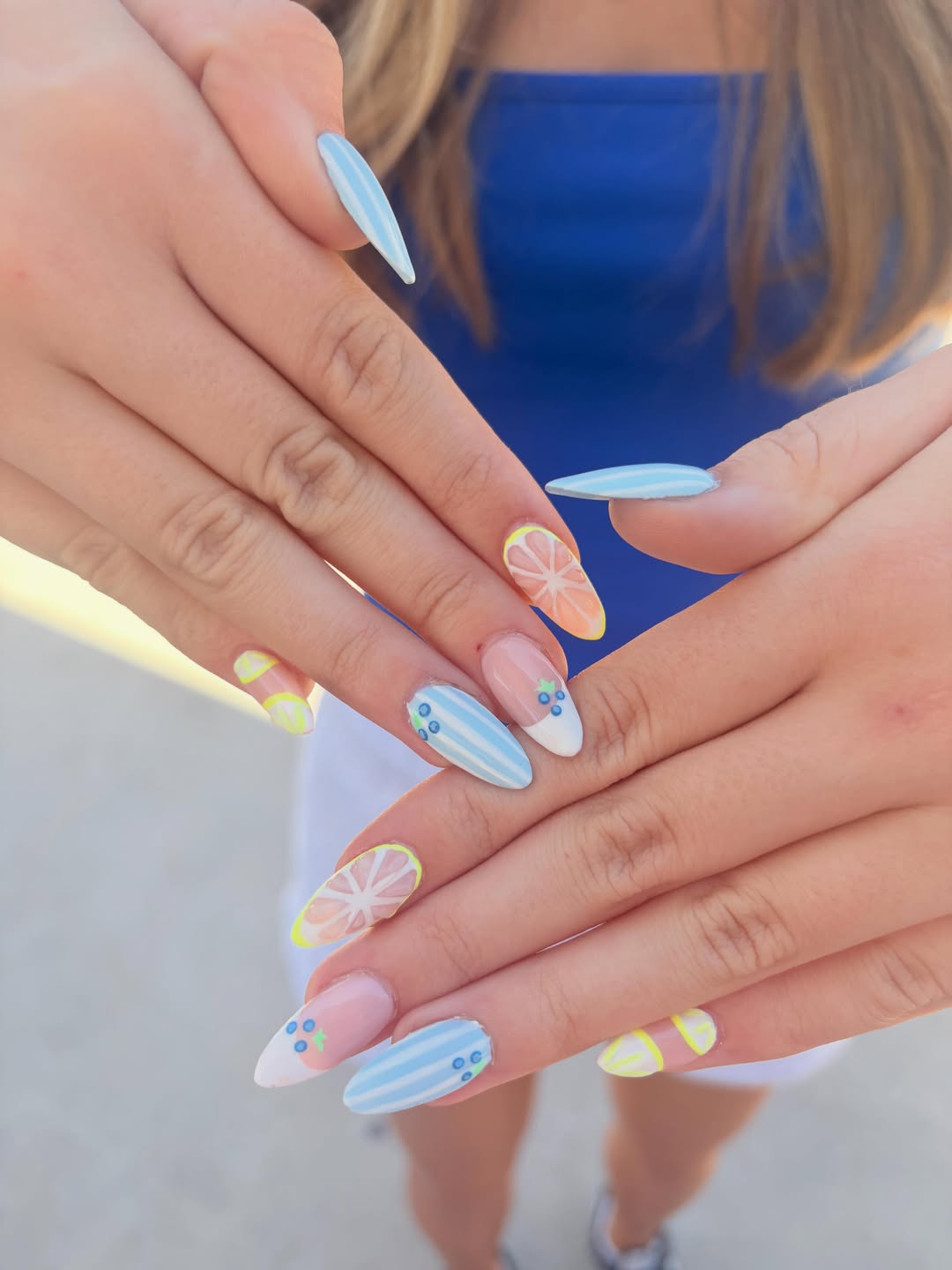 Whimsical Summer Fruit Striped Almond Nails