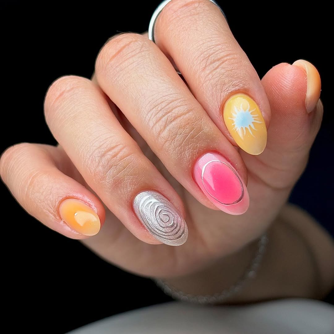 Whimsical Summer Swirls and Sunbursts Oval Nails