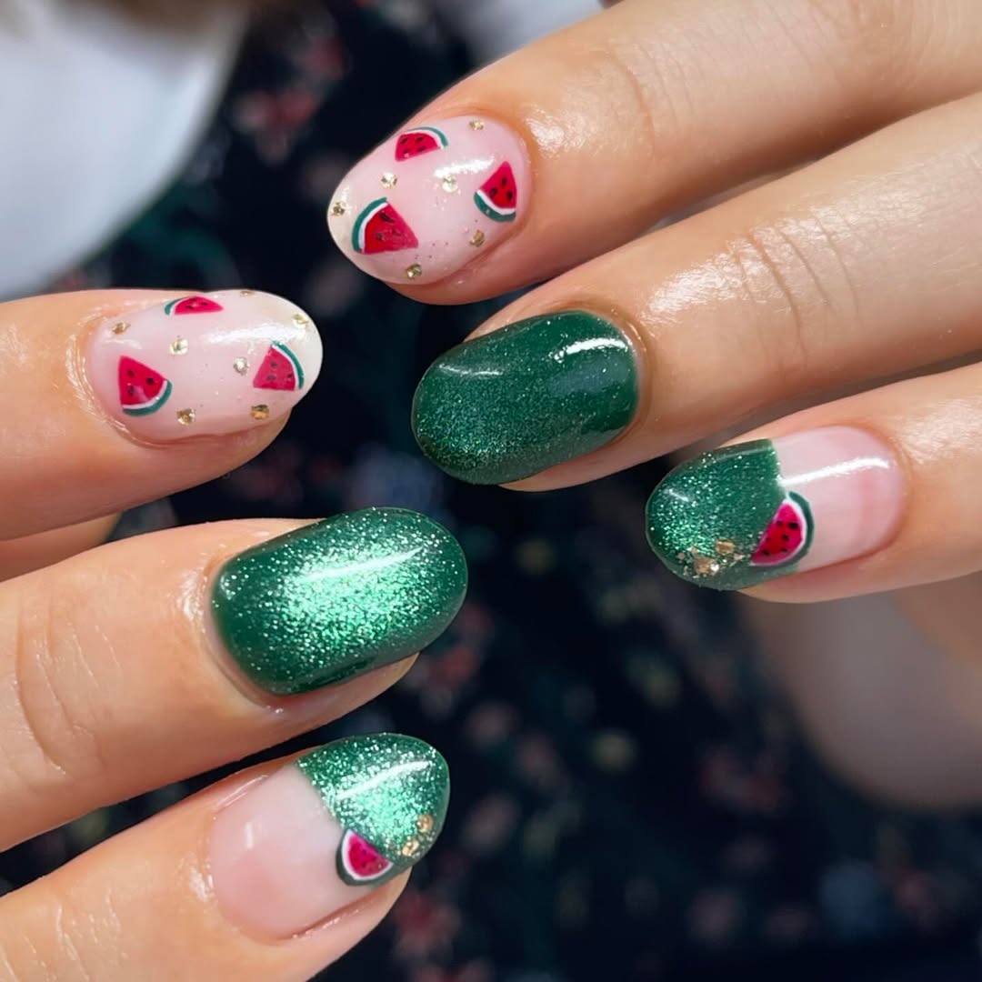 Whimsical Watermelon Green Glitter Summer Nails