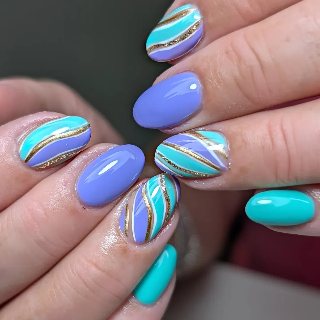 Whimsical Wavy Blue Lavender Gold Stripe Nails