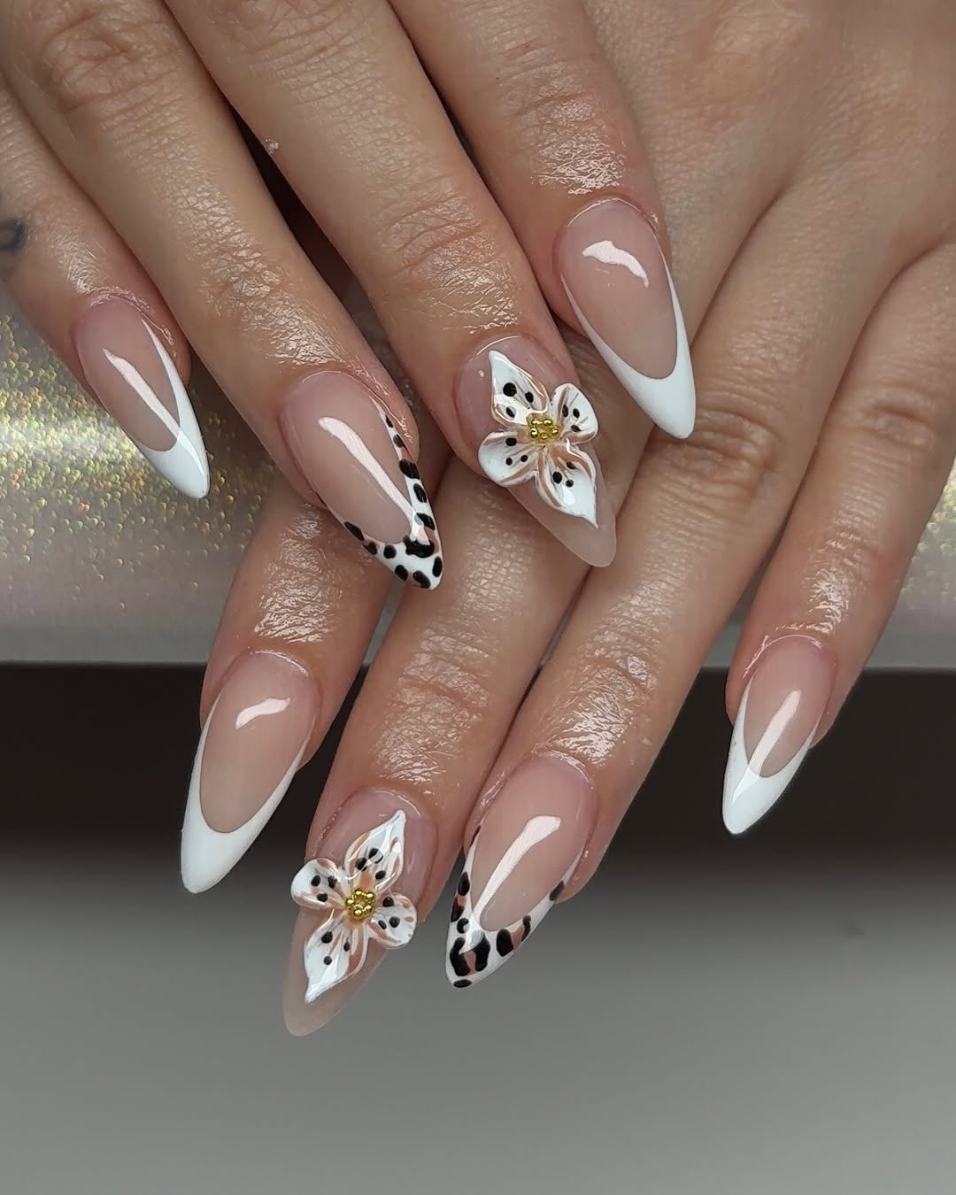 Whimsical White French Tips with Leopard Accent and 3D Flowers