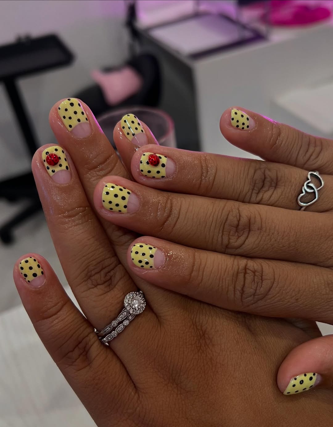 Whimsical Yellow Polka Dot Ladybug Gel Nails