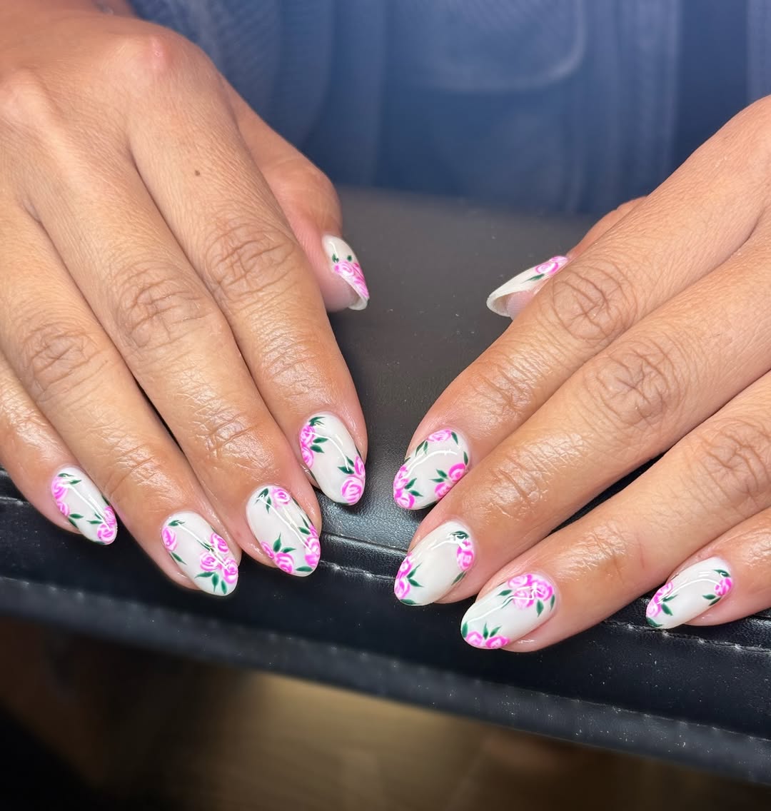 White Base Pink Rose Floral Nails