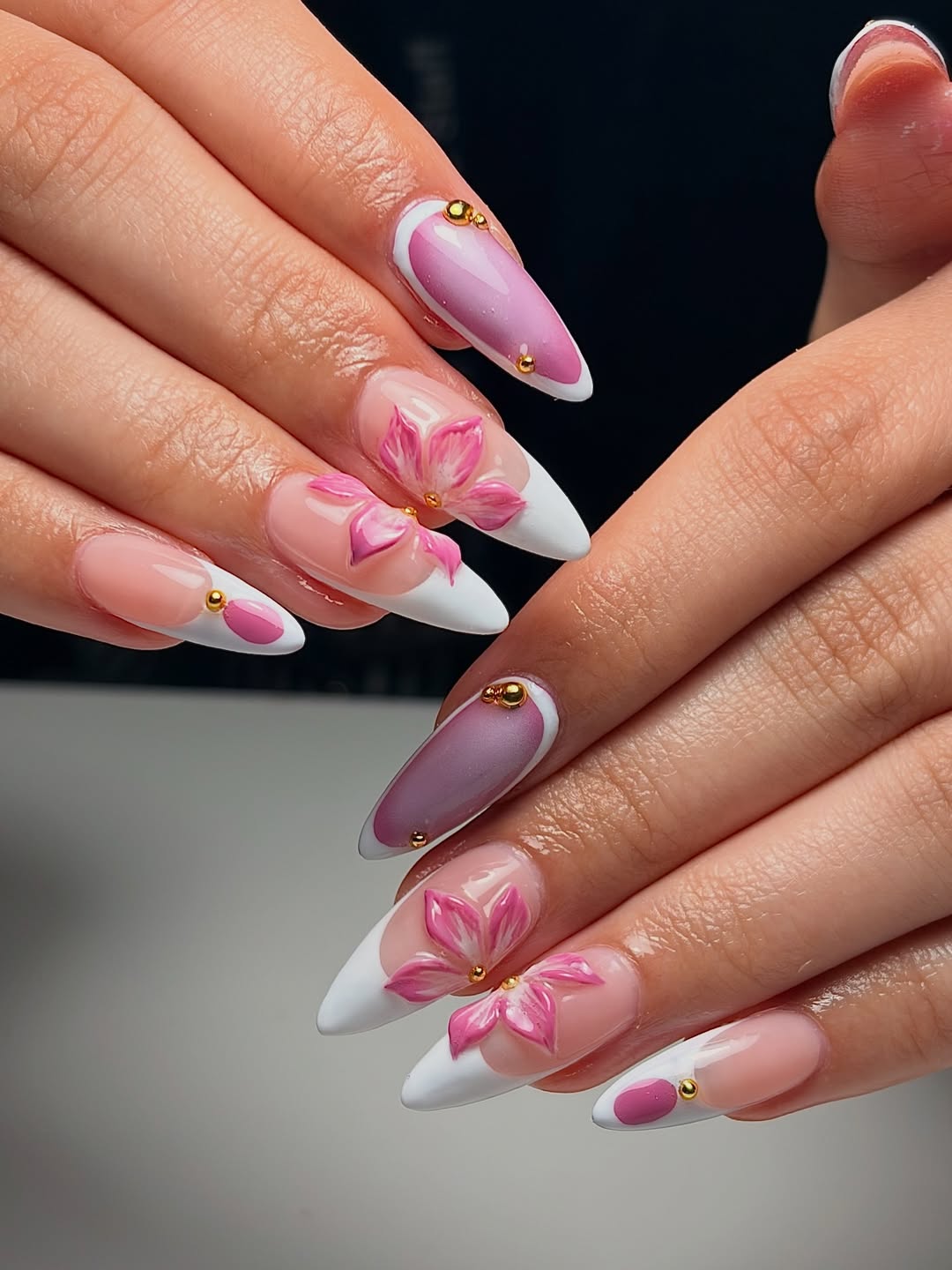 White French Tips with Pink Floral 3D Art