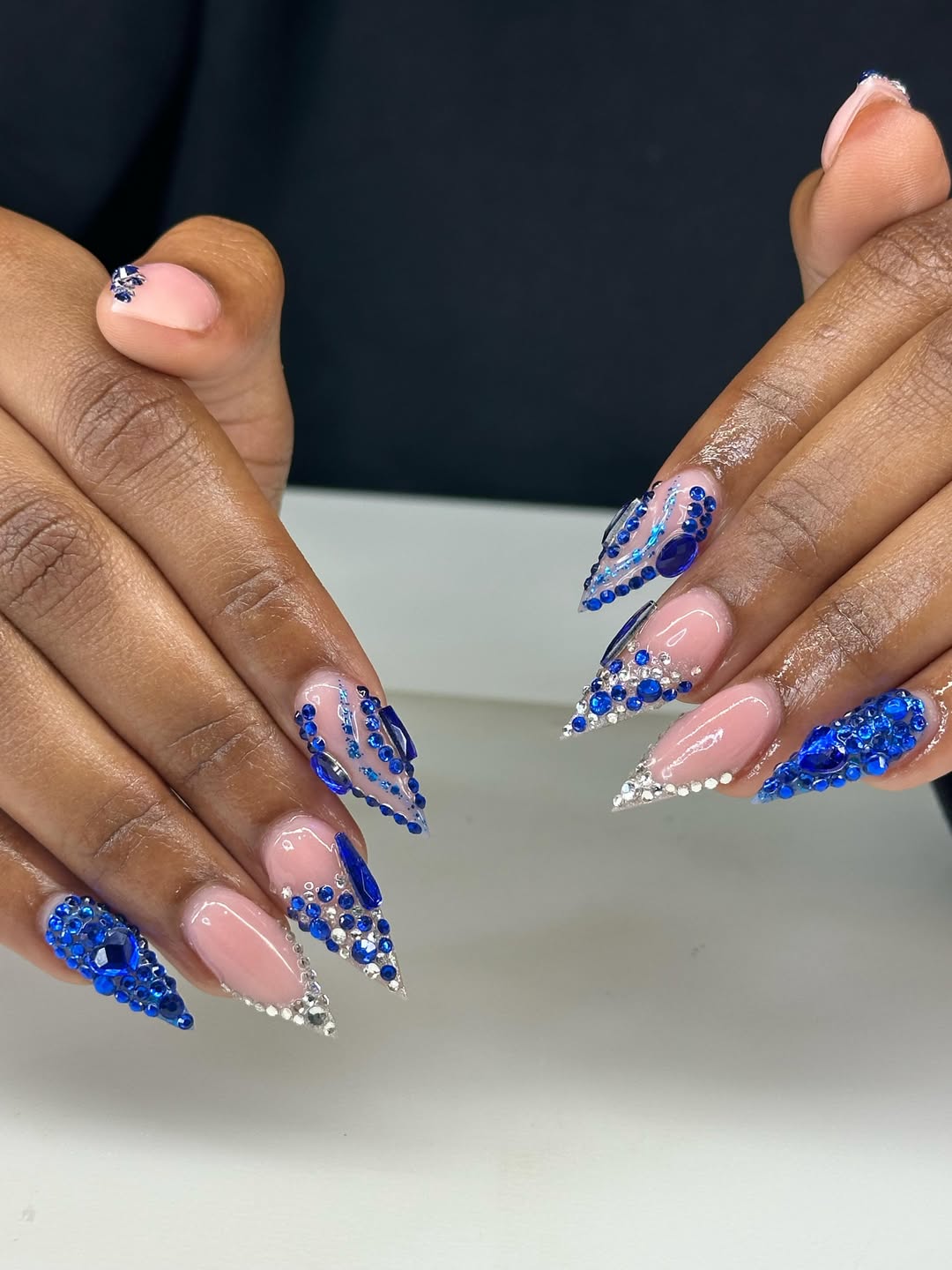 Xtremely Long Stiletto Blue and Clear Rhinestone Nails