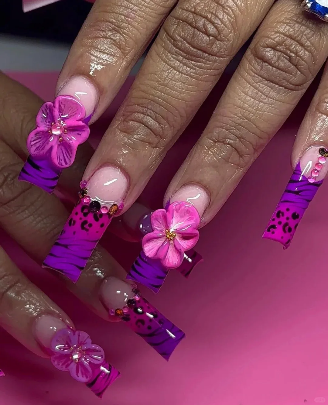 XXL Purple Leopard Print 3D Floral Nails