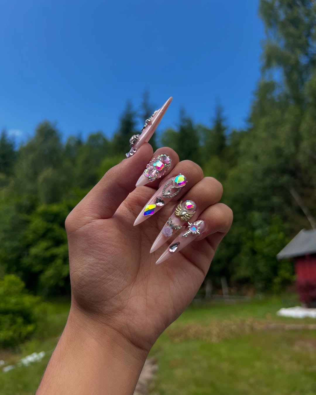 XXL Stiletto Rhinestone Nails with 3D Charms