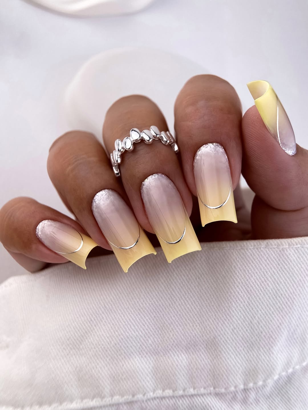 Yellow Ombré French Tips with Silver Glitter and Stripes