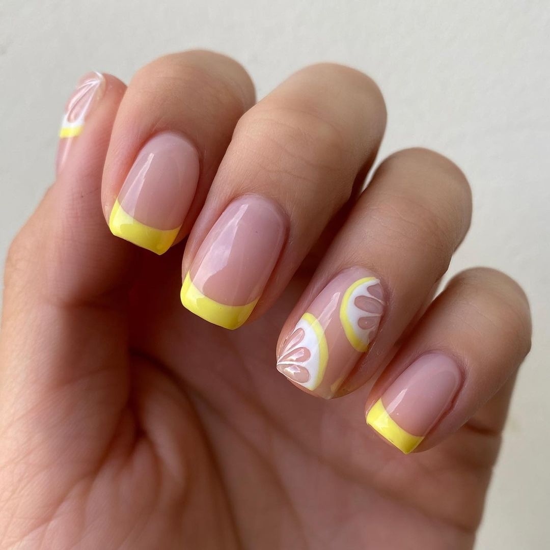 Zesty Lemon French Tips with Citrus Art