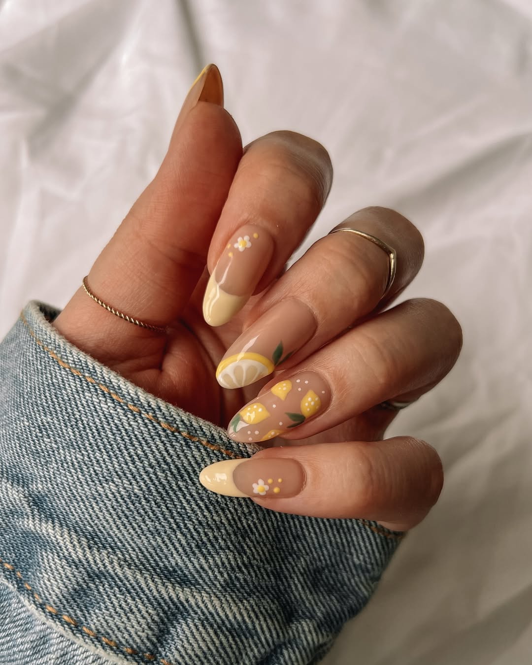 Zesty Lemon French Tips with Floral Accents
