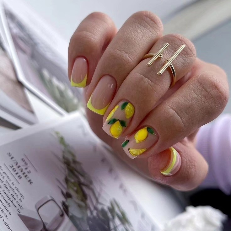 Zesty Lemon French Tips with Hand Painted Fruit Art