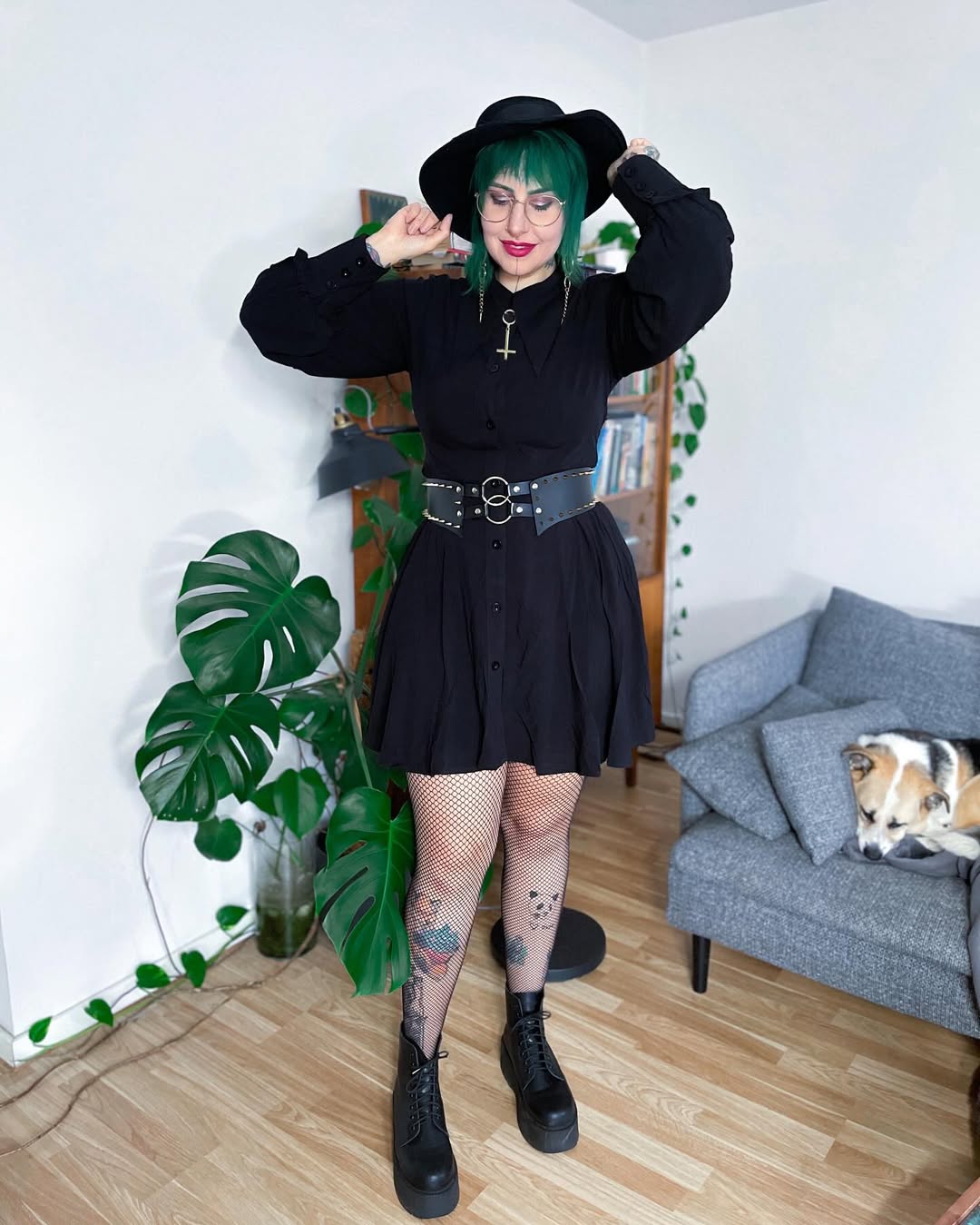 All Black Button-Down Dress With Fishnet Tights