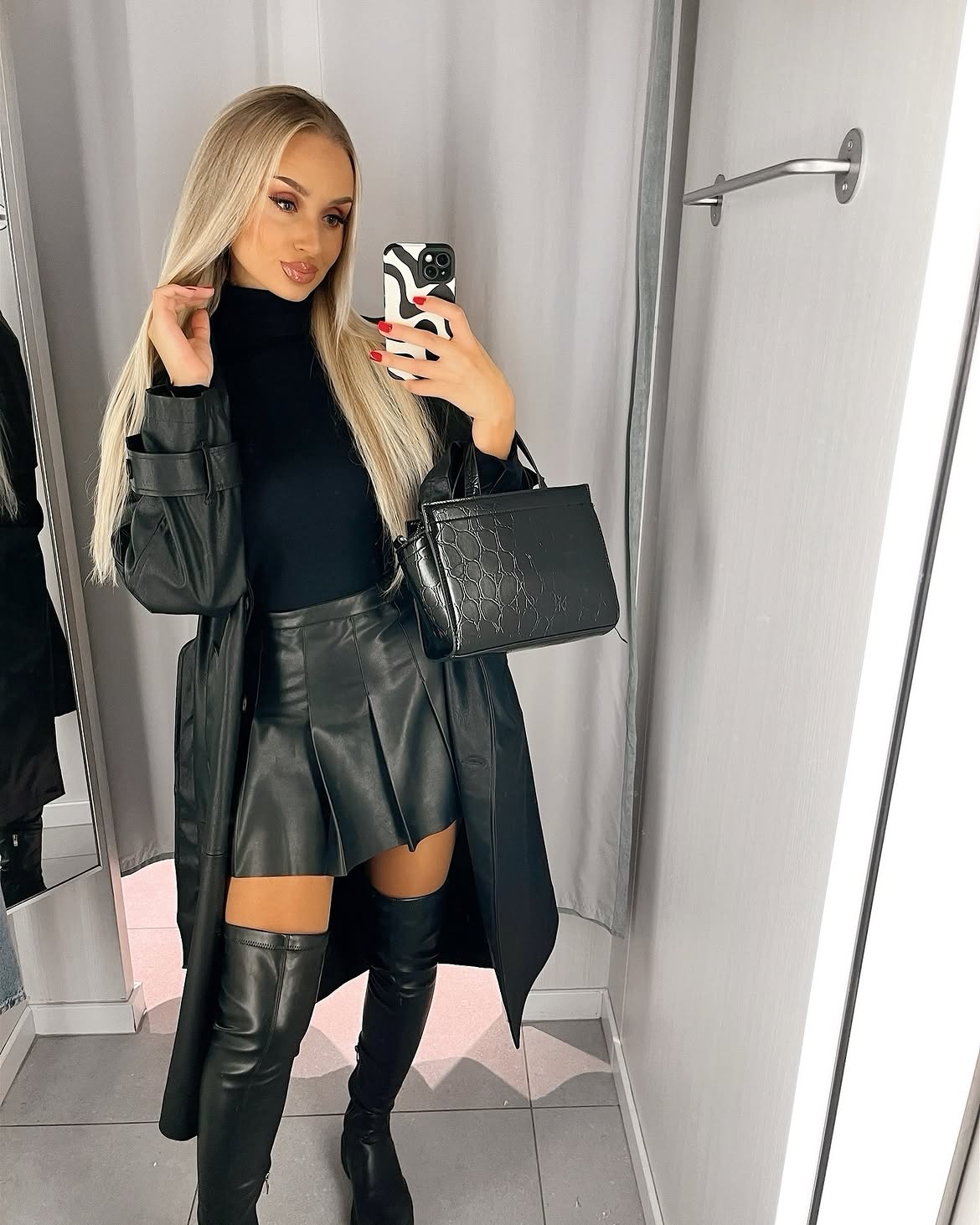 All Black Leather Mini Skirt And Thigh High Boots Outfit