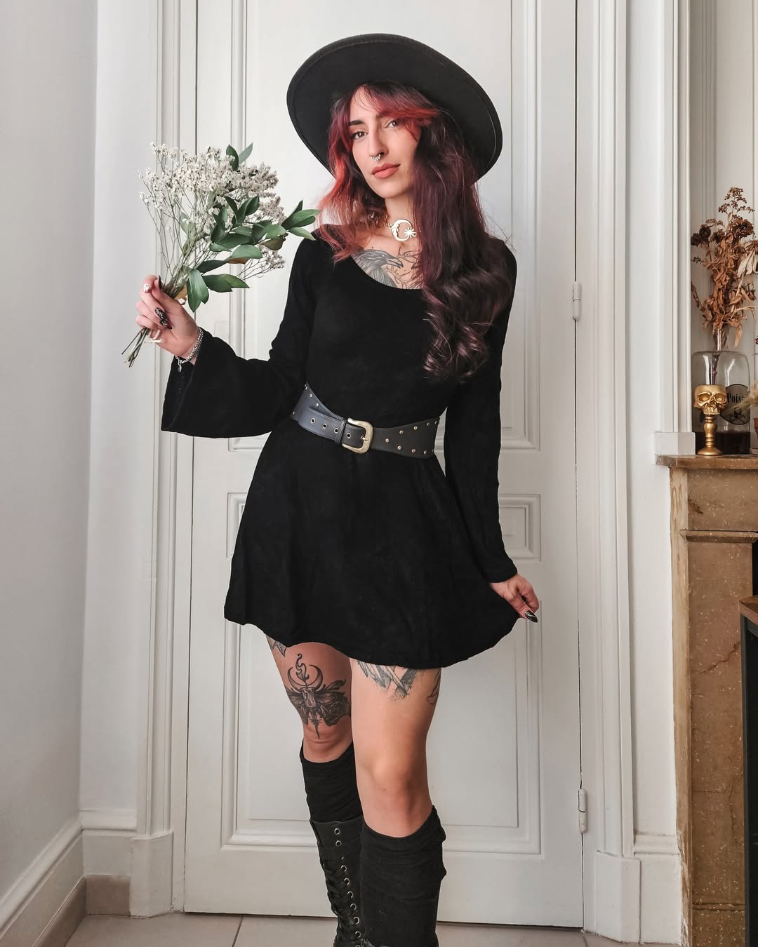 All Black Witchy Mini Dress With Chunky Boots
