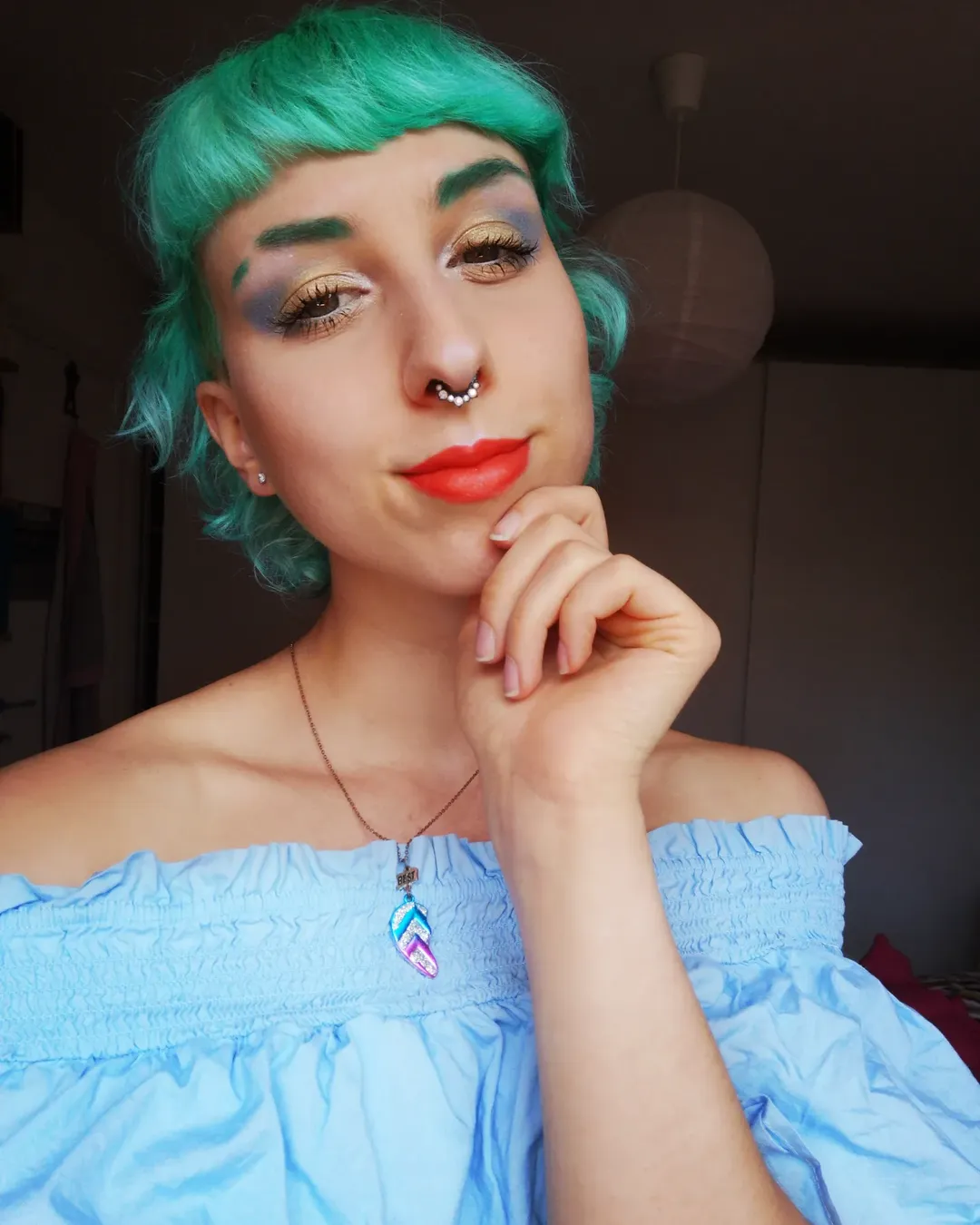 Aqua Blue Shaggy Bob With Micro Bangs