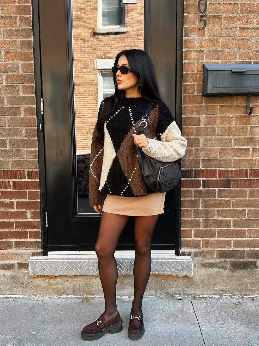 Argyle Knit Sweater With A-Line Mini Skirt Fall Look