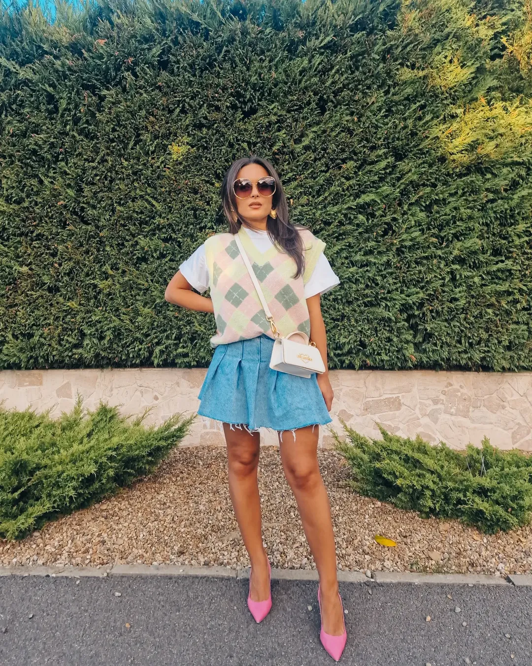 Argyle Vest With Denim Skirt And Pink Pumps
