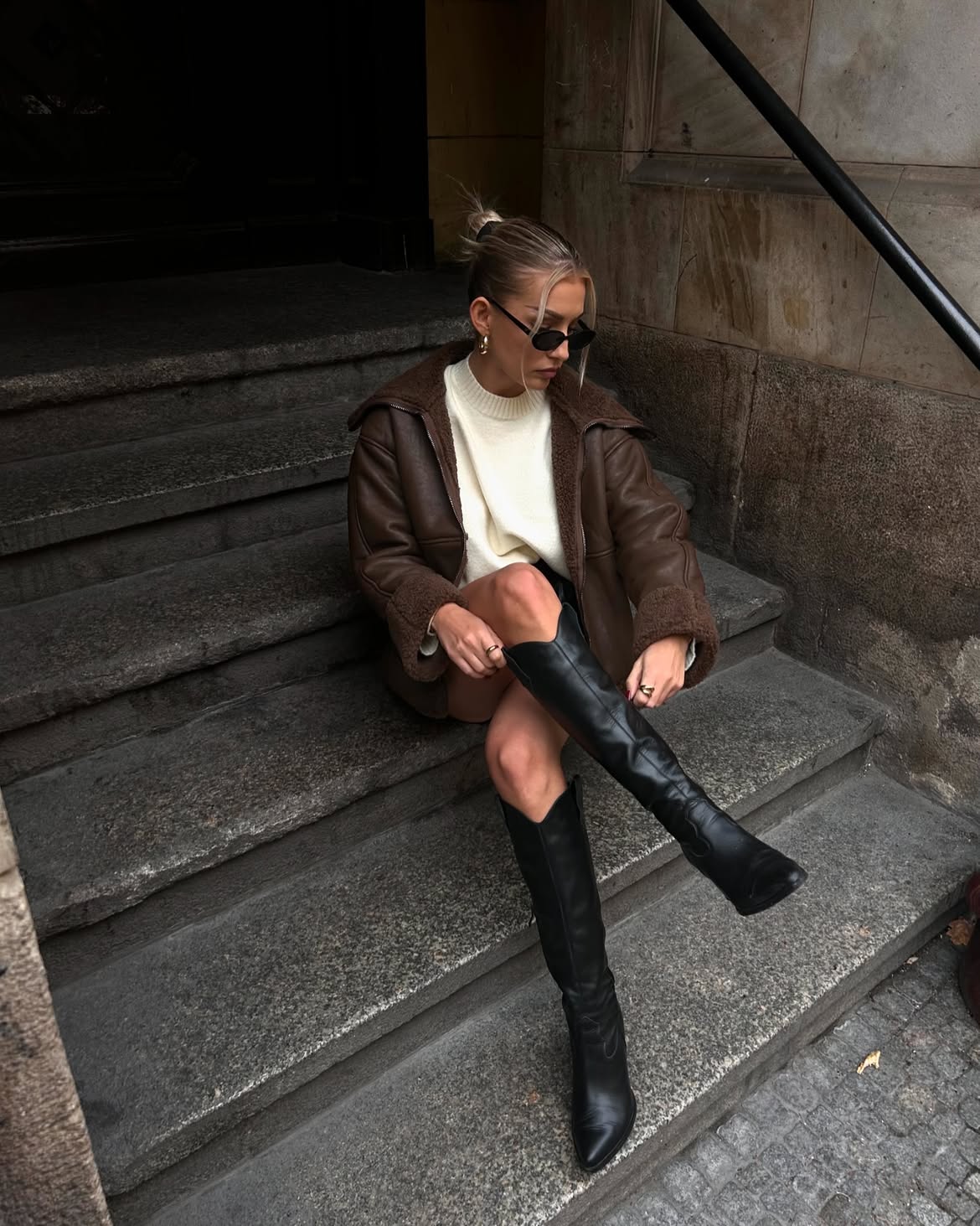 Biker Chic Cream Sweater And Black Boots