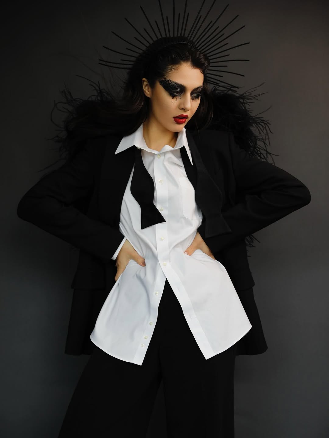Black And White Tuxedo With Feather Accents