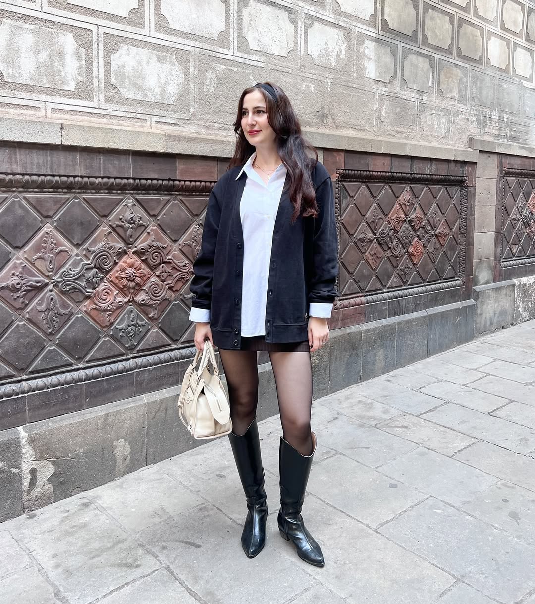 Black Cardigan With White Shirt & Riding Boots