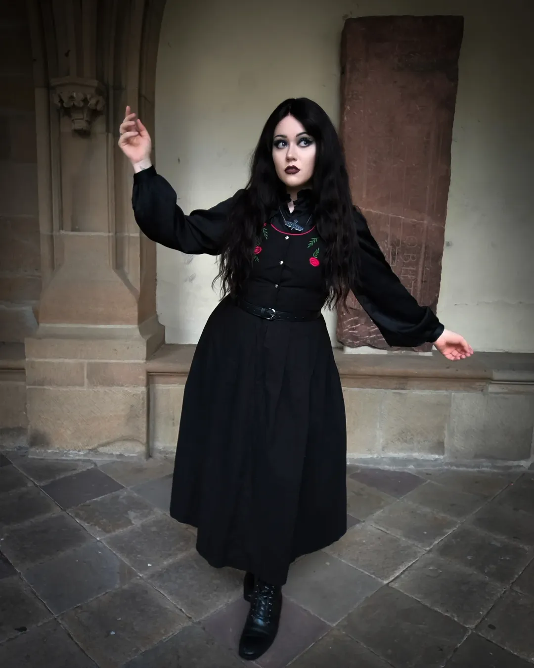 Black Embroidered Midi Dress With Lace-Up Boots