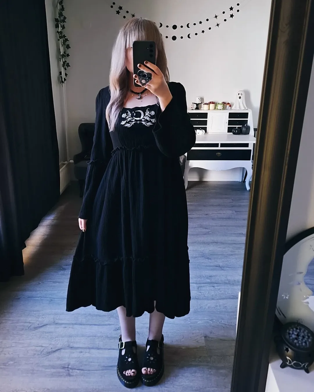 Black Embroidered Midi Dress With Platform Sandals