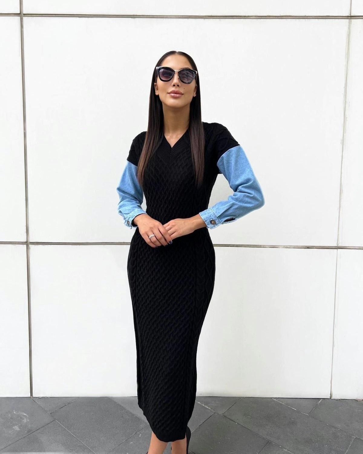 Black Knit Maxi Dress With Denim Sleeves