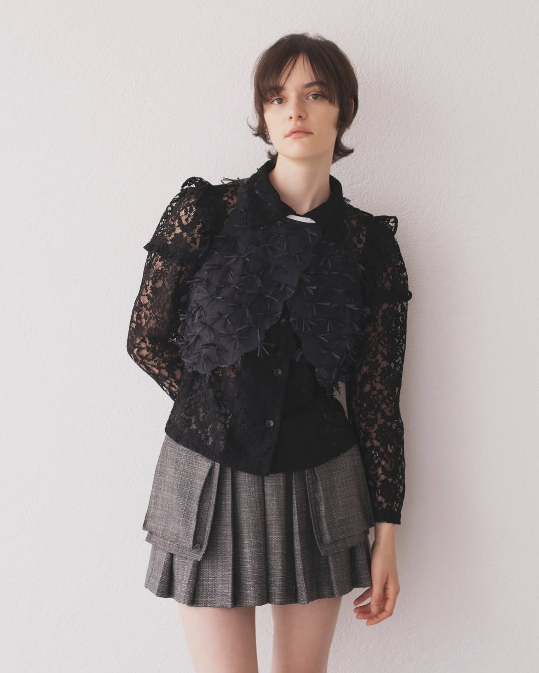 Black Lace Top With Textured Pleated Skirt