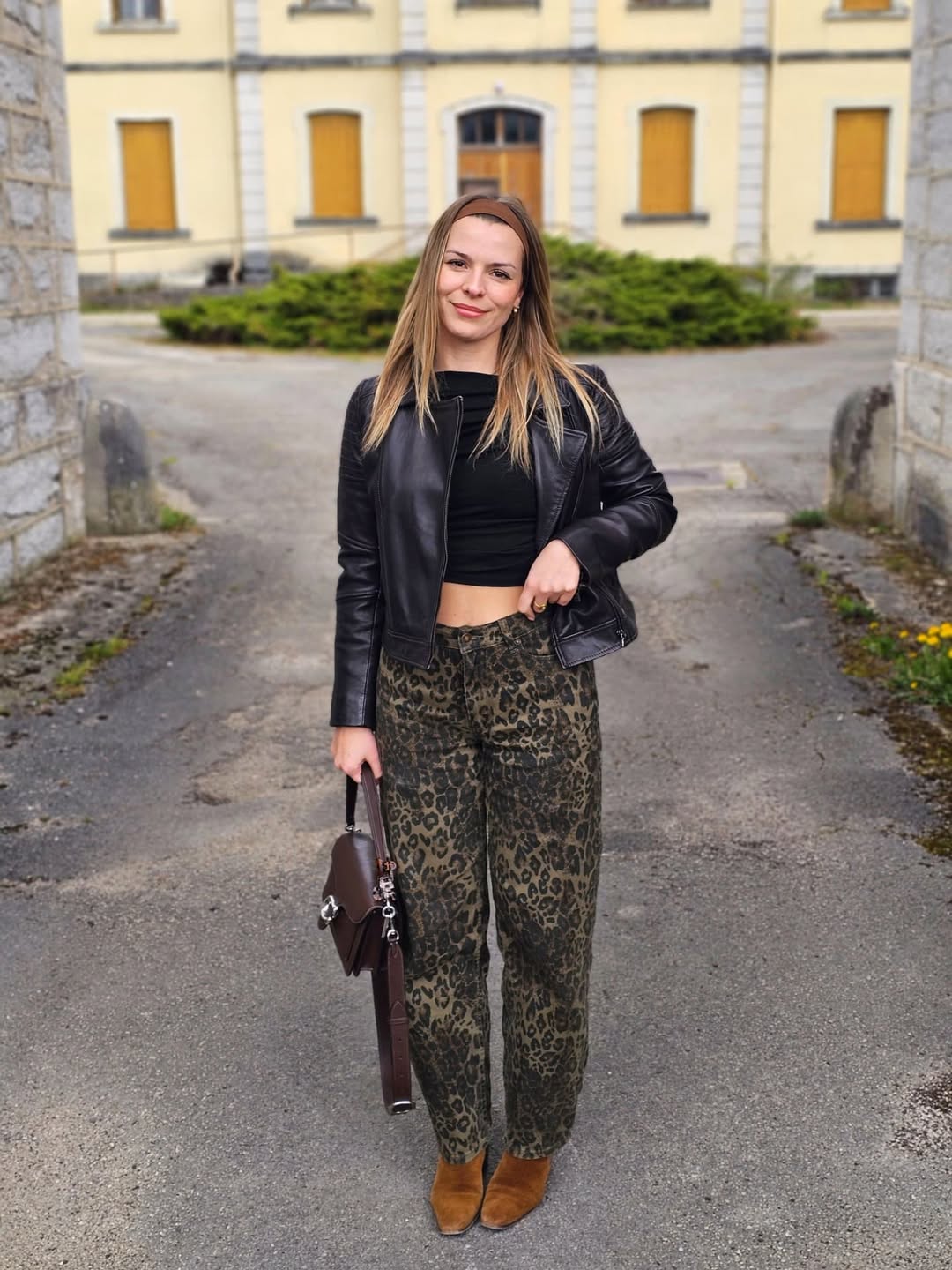 Black Leather Jacket With Leopard Print Jeans