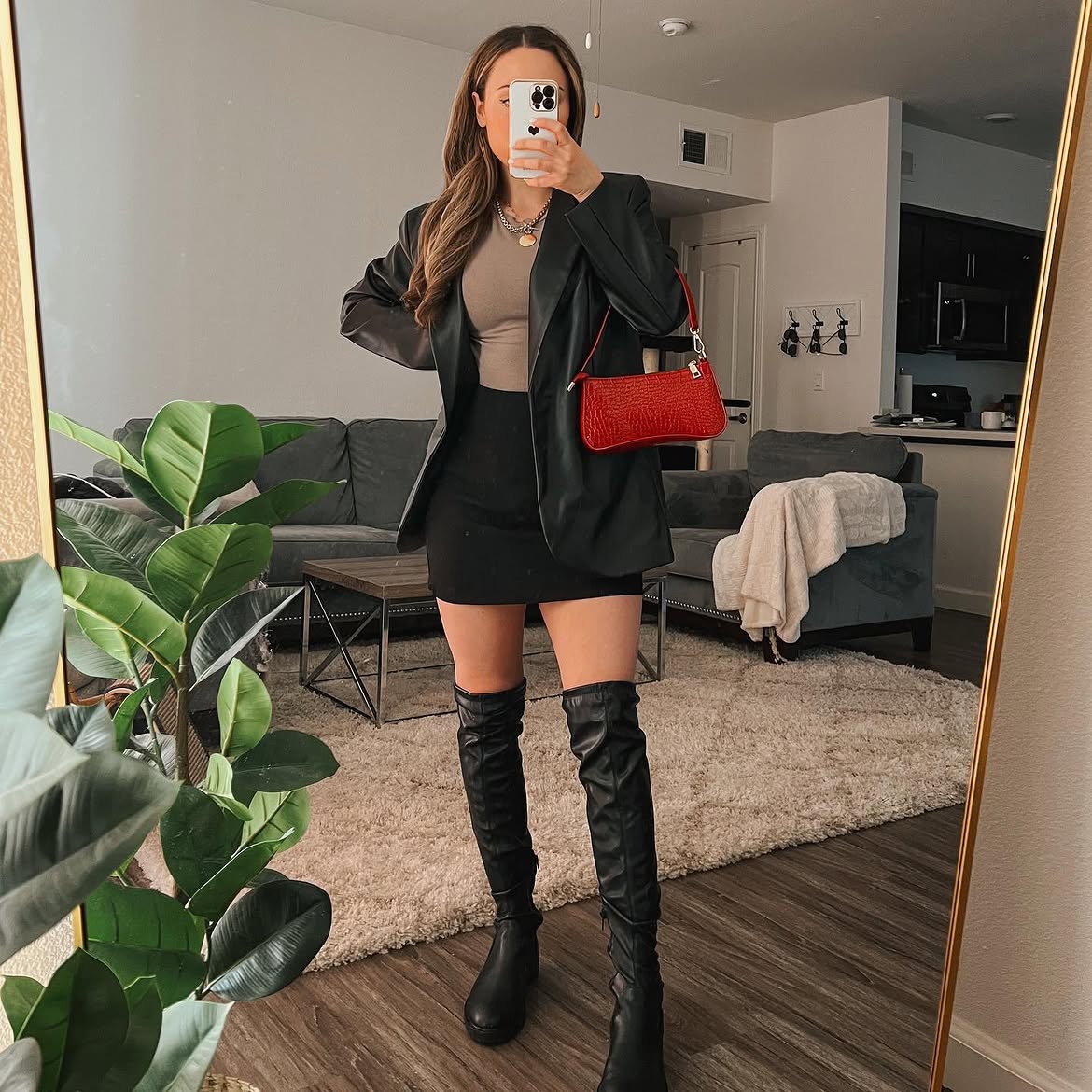 Black Mini Skirt Outfit With Leather Blazer
