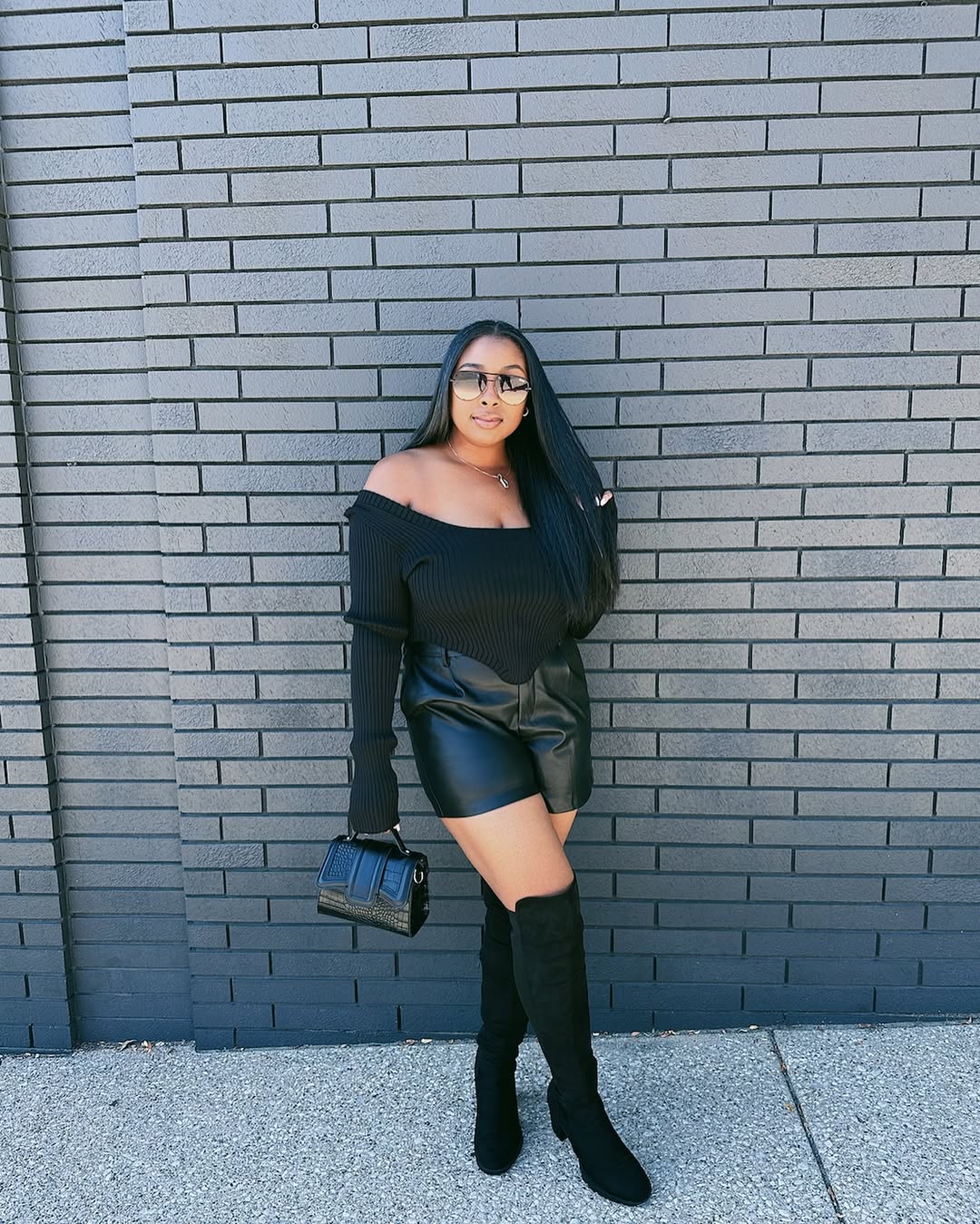 Black Off-Shoulder Knit With Leather Shorts & Boots