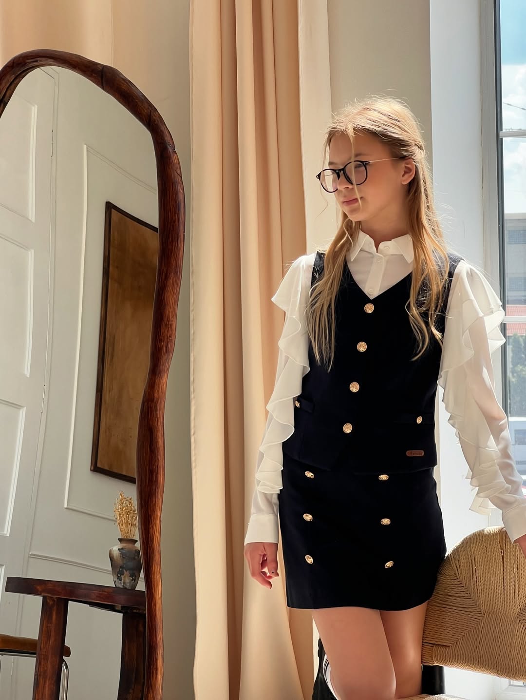 Black Pinafore Dress With Ruffle Sleeve Shirt