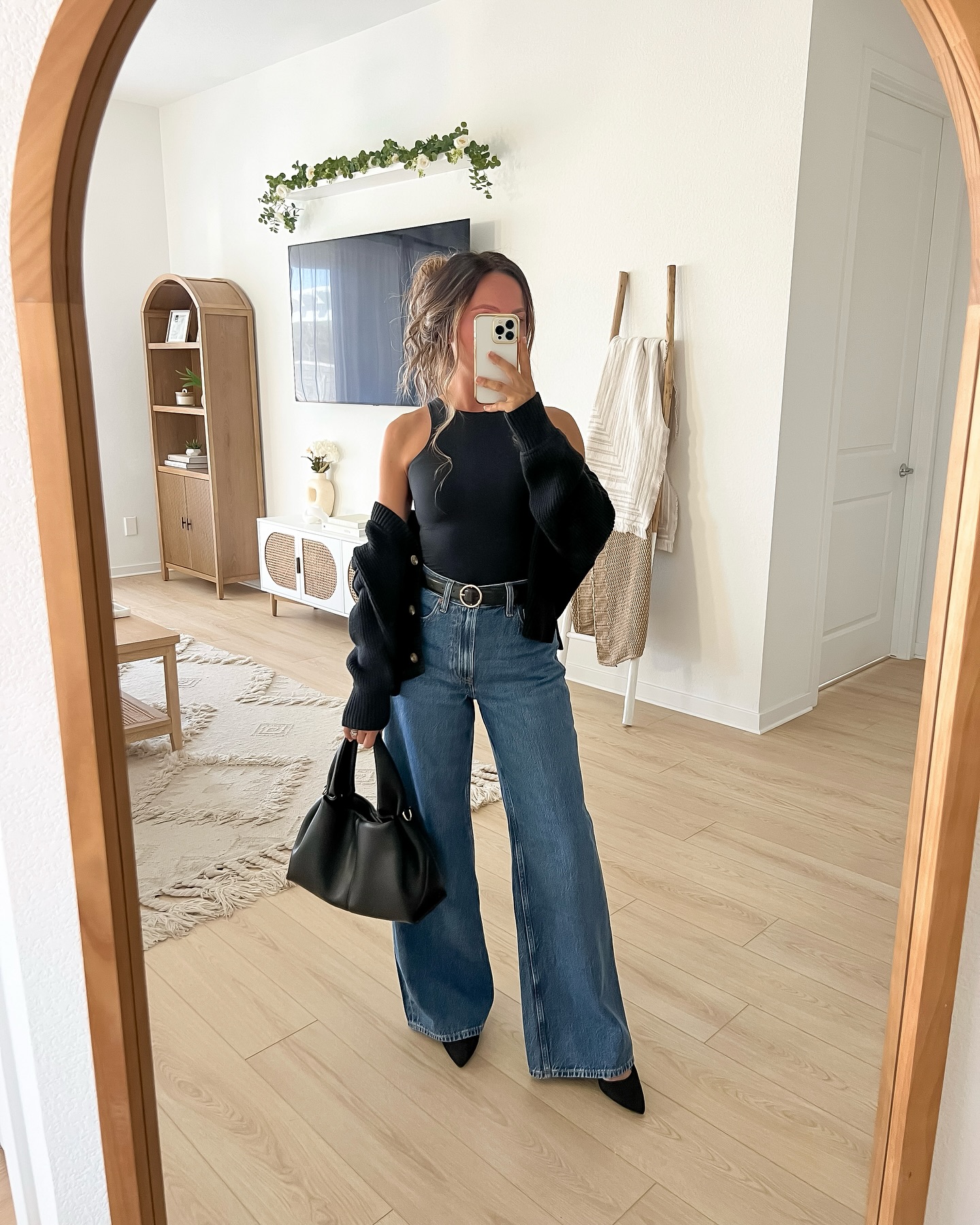 Black Tank With Wide Leg Denim And Cardigan